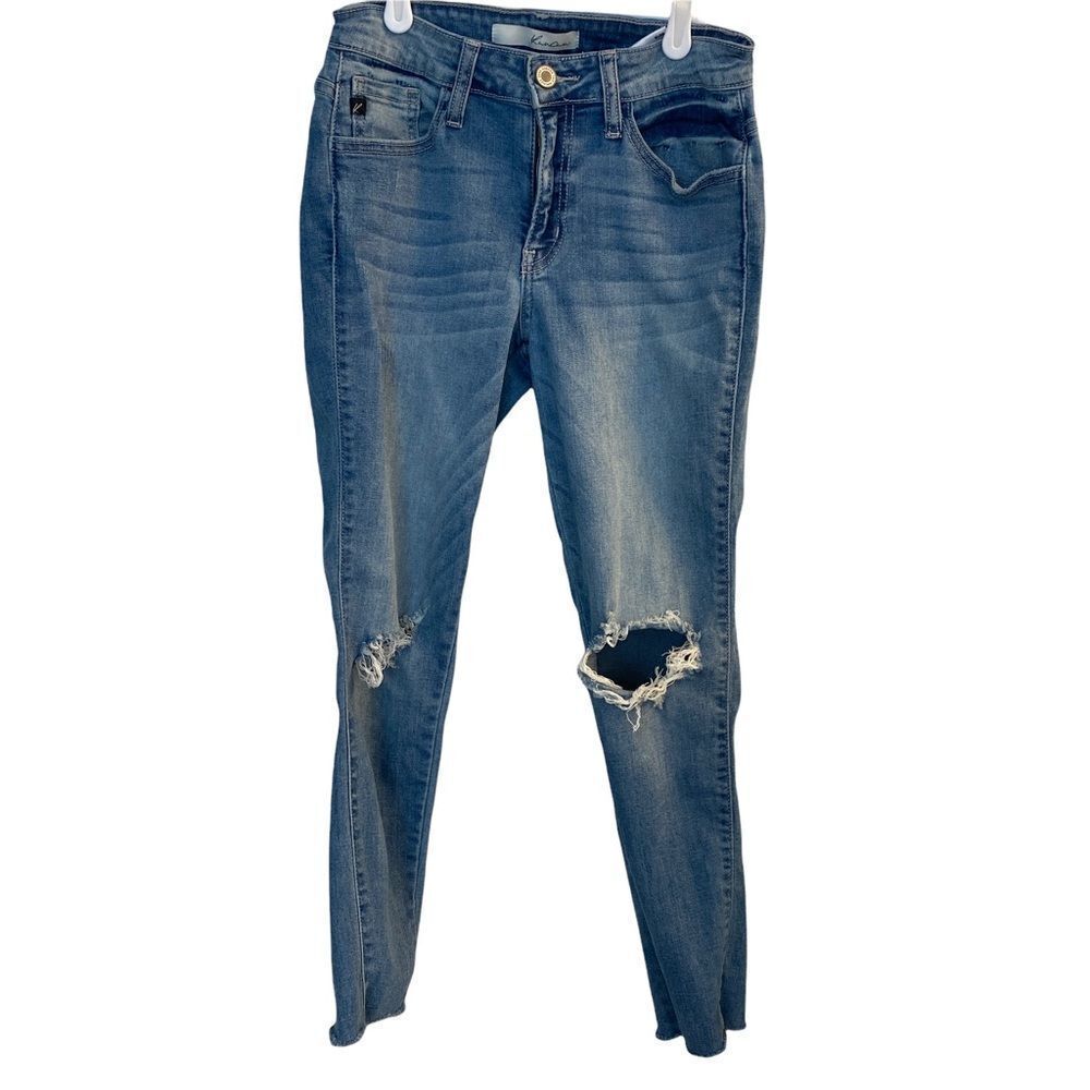 KanCan Skinny Jeans Womens 25 Blue Distressed Medium Wash Raw Hem Ripped Knee‎